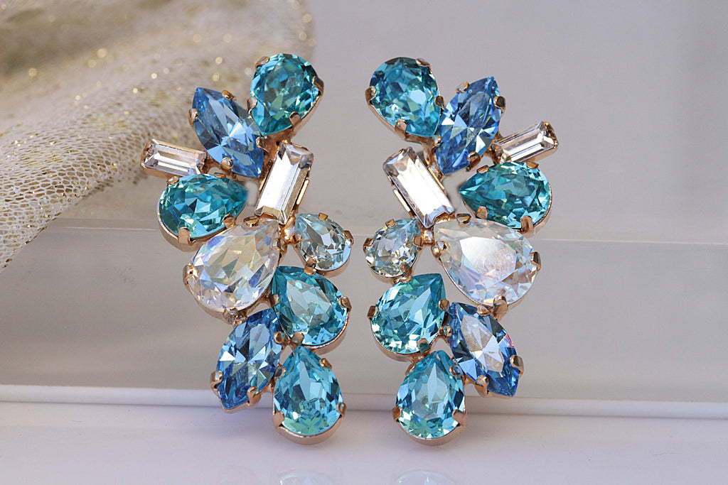 BRIDAL BLUE STUDS,  Vintage Crystal earrings, Summer Wedding jewelry, Cluster Big Studs,Rebeka Unique Earring, Formal Earring, Woman Gift