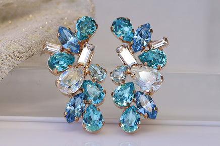 BRIDAL BLUE STUDS,  Vintage Crystal earrings, Summer Wedding jewelry, Cluster Big Studs,Rebeka Unique Earring, Formal Earring, Woman Gift