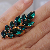 EMERALD RING, Leaf Ring, Rebeka Ring, Long Ring, Cluster Marquise Ring, Dark Green Cocktail Ring, Woman Ring,Adjustable Ring, Friend Gift