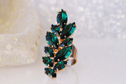 EMERALD RING, Leaf Ring, Rebeka Ring, Long Ring, Cluster Marquise Ring, Dark Green Cocktail Ring, Woman Ring,Adjustable Ring, Friend Gift