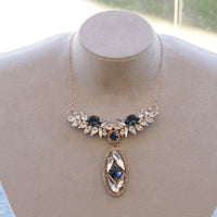 Montana Navy Blue Necklace, Rose Gold Crystal Statement Necklace,Multi Stone Pendant, Rebeka Rhinestone Necklace, Cluster Bridal,Wedding