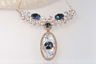 Montana Navy Blue Necklace, Rose Gold Crystal Statement Necklace,Multi Stone Pendant, Rebeka Rhinestone Necklace, Cluster Bridal,Wedding