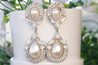 Pearl Bridal Earring, Ivory Pearl Earrings, Rebeka Earrings, Wedding Long Opal Earrings, Statement Earring,Rhinestone And Pearl Earring