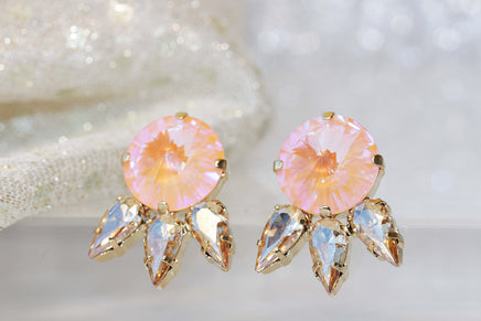 ORANGE CHAMPAGNE EARRINGS, Peach Quartz Stud Earrings, Vintage Bridal Earrings, Rebeka Earrings,Bridesmaid Pastel Earrings, Elegant Studs