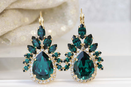 EMERALD JEWELRY SET, Bridal Emerald Earrings Necklace Set, Rebeka Dark Green Jewelry, Wedding Ser, Mother Of The Brides Gold Emerald Set