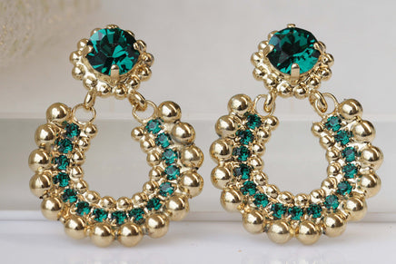 EMERALD GOLD EARRINGS, Boho Hoop Earrings, Green Indian Earrings, Rebeka Emerald Wedding, Ethnic Bridal Earrings, Moroccan Jewelry, Woman