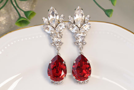 RUBY RED EARRINGS, Red Earrings, Rebeka Earrings, Long Chandelier Earrings, Anniversary Jewelry Gift For Wife, Crystal Cocktail Earrings