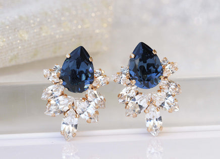 BLUE CLUSTER Earrings, Bridal Navy Blue Jewelry Gifts, Rebeka Earrings, Mother of Brides Jewelry,Wedding Blue Navy Studs,bridesmaids Gift