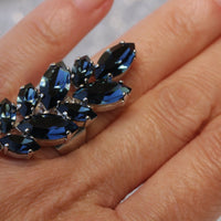 NAVY BLUE RING, Rebeka Ring, Leaf Ring, Adjustable Ring, Cocktail Statement, Bridal Long Ring, Crystal Cluster Ring, Dark Blue Stone Ring
