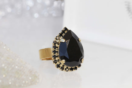 BLACK STONE RING, Rebeka Black Teardrop Ring, Black Evening Cocktail Ring, Black And Gold Ring, Pave Ring,Black Ring For Women, Jet Black