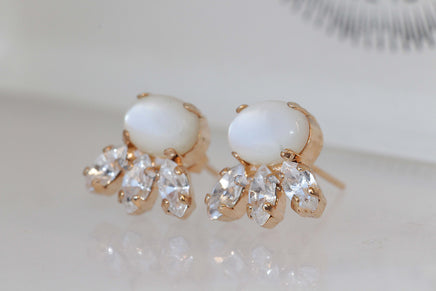 PEARL BRIDESMAID EARRINGS, Pearl And Crystal Earrings, Pearl Bridal Stud Earring,Wedding Ivory Pearl Shell Earrings,Rebeka Petite Earring