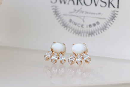 PEARL BRIDESMAID EARRINGS, Pearl And Crystal Earrings, Pearl Bridal Stud Earring,Wedding Ivory Pearl Shell Earrings,Rebeka Petite Earring