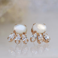 PEARL BRIDESMAID EARRINGS, Pearl And Crystal Earrings, Pearl Bridal Stud Earring,Wedding Ivory Pearl Shell Earrings,Rebeka Petite Earring