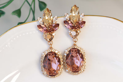ANTIQUE PINK EARRINGS, Bridal Blush Pink Long Earrings, Bridal Rose Gold Earrings, Rebeka Crystals Champagne Bride Morganite Earring