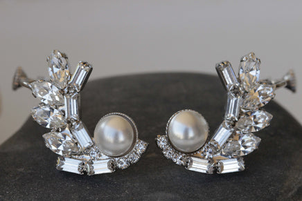 PEARL CLIMBING EARRINGS,Ear Climber Earrings, Pearl Bridal Cuff Earrings, Ear Crawlers Earrings,White Crystals earrings, Rebeka Earrings