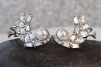 PEARL CLIMBING EARRINGS,Ear Climber Earrings, Pearl Bridal Cuff Earrings, Ear Crawlers Earrings,White Crystals earrings, Rebeka Earrings