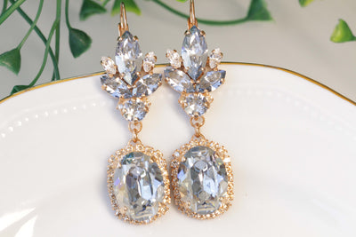 DUSTY BLUE EARRINGS, Bridal Blue Long Earrings, Bridal Rose Gold Earrings, Rebeka Crystals Jewelry For Bride Drop Earring, Unique Dangles
