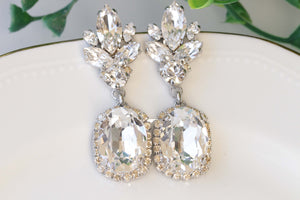 CRYSTAL BRIDAL EARRINGS, Clear Crystal Chandelier Earrings, Rebeka White Crystal Silver Earrings, Bridal Jewelry For Wedding,Long Earring