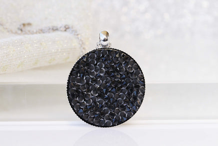 BLACK NECKLACE, Round Necklace, Rebeka crystal Necklace, Gift For Her, Disc Necklace, Crystal Rock Pendant, Boho Necklace, Silver Black