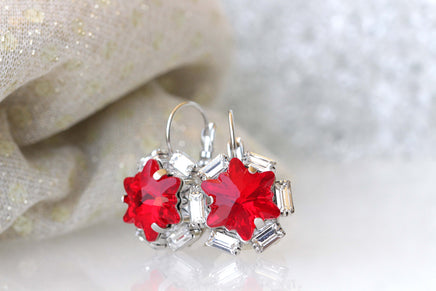 RUBY RED EARRINGS, Rhinestone Bridal Leverback Earrings, Girlfriend Stars Earrings, Rebeka Moons Stars Jewelry,Bridesmaid Earrings Gift