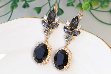 BLACK GOLD Earrings, Rebeka Jet Black Gray Earrings, Chandelier Earrings,Elegant Evening Earrings,Statement Mother OF The Groom Or Brides