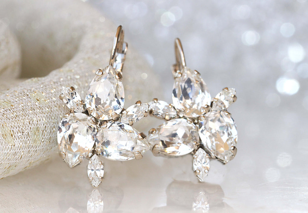 CLEAR CRYSTAL Bridal Earrings, Silver Earrings, Rebeka Earrings, Bridal Crystal Drop Earrings, Bridesmaid Earrings Gift, Cluster Earrings