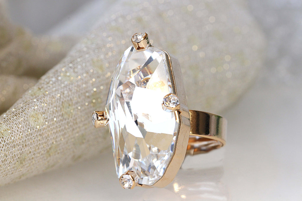 COCKTAIL RING, Art Deco Ring, Rebeka Crystal Ring, Unique Long Stone Ring, Asymmetric Ring, Rhinestone Woman&#39;s Ring, large Sparkling Ring