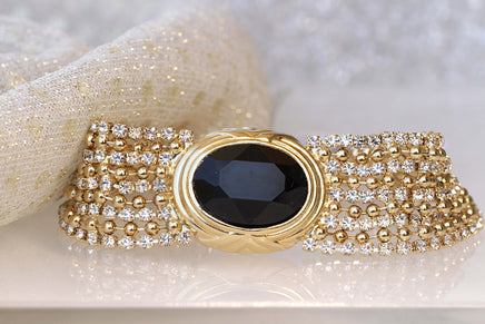 BLACK GOLD RING, Rebeka Tassel Ring, Cocktail Crystal Ring, Oval Stone Ring, Gold And Black Statement Ring For Woman, Evening Jewelry