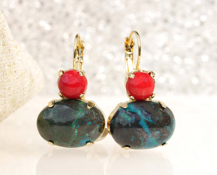 RED GREEN EARRINGS, Eilat Stone Earring, Boho Earring, Natural Stone Jewelry, Red Coral And Green Emerald Colour Earrings,Raw Ethnic Earring