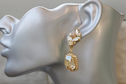 CHAMPAGNE BRIDAL EARRINGS, Rose Gold White Opal Long Earrings, Rebeka Cluster Golden Earrings,Light Topaz Wedding Earrings,Formal Earring