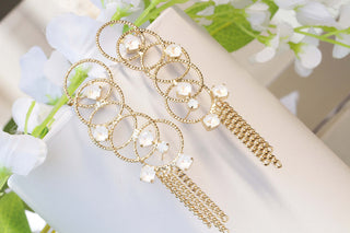 Hoop EAR CLIMBER CUFF, Bridal Climbing Earrings, White Tassel Ear Crawler,Bridal Ear climber, Rebeka Gypsy Earrings,Large Fringes Earring