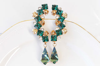 Emerald EAR CLIMBER EARRING, Gold Green Climbing Earrings,Green Statement Ear Crawler,Bridal Long Sweep, Drop Cuff Rebeka Wedding Earring