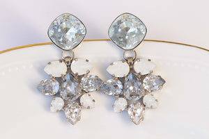 Dusty Blue BRIDESMAID EARRINGS, Art Deco Earrings, Rebeka Bridal Earrings, Light Blue Wedding Jewelry, White Opal Crystal Cluster Studs