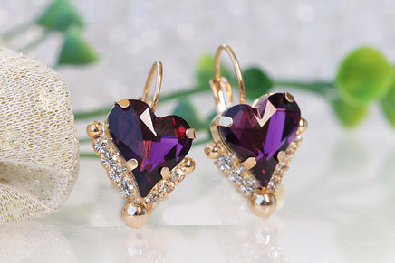 HEART PURPLE EARRINGS, Rebeka Amethyst Drop Earrings, Heart Shaped Earrings, Valentines Day Gift For Girlfriend, Anniversary Wife Gift,