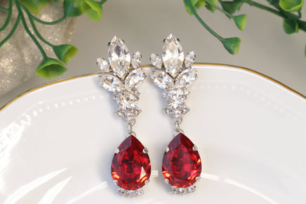 RUBY RED EARRINGS, Red Earrings, Rebeka Earrings, Long Chandelier Earrings, Anniversary Jewelry Gift For Wife, Crystal Cocktail Earrings