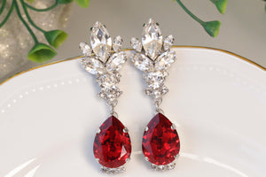 RUBY RED EARRINGS, Red Earrings, Rebeka Earrings, Long Chandelier Earrings, Anniversary Jewelry Gift For Wife, Crystal Cocktail Earrings
