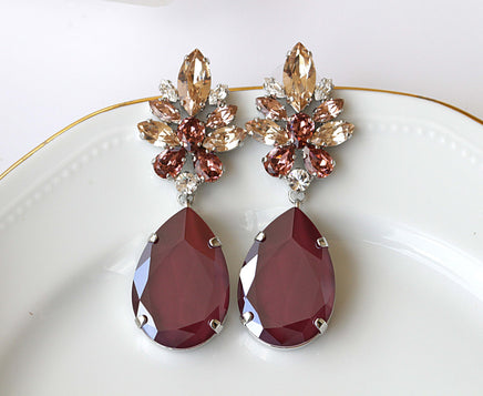 Burgundy Earring, Mother Of The Brides, Dark Red Rebeka Jewelry, Oversized Long Earrings, Garnet Jewelry, Blush Pink Chandeliers Wedding