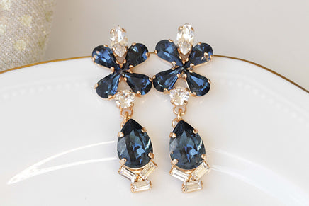 BRIDAL NAVY EARRINGS, Blue Navy Earrings, Rebeka Montana Earrings, Dark Blue Topaz Chandelier Earrings,Jewelry For Woman,Crystal Earrings