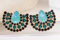 TURQUOISE EMERALD STUDS, Emerald Green Black Evening Earrings, Cluster Studs, Boho Bridal Jewelry, Rebeka Crystals Earrings, Gift For her