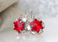 RUBY RED EARRINGS, Rhinestone Bridal Leverback Earrings, Girlfriend Stars Earrings, Rebeka Moons Stars Jewelry,Bridesmaid Earrings Gift