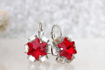 RUBY RED EARRINGS, Rhinestone Bridal Leverback Earrings, Girlfriend Stars Earrings, Rebeka Moons Stars Jewelry,Bridesmaid Earrings Gift