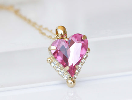 HEART MOM NECKLACE, Rebeka Bridal Necklace, Heart Shaped Jewelry, Sister Christmas Gift, Asymmetrical Necklace,Pink Tourmaline Necklace