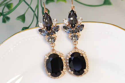 BLACK GOLD Earrings, Rebeka Jet Black Gray Earrings, Chandelier Earrings,Elegant Evening Earrings,Statement Mother OF The Groom Or Brides