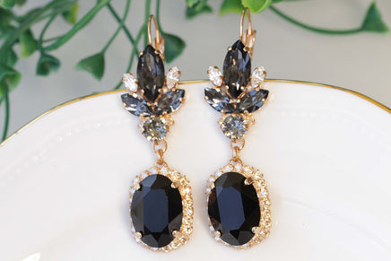 BLACK GOLD Earrings, Rebeka Jet Black Gray Earrings, Chandelier Earrings,Elegant Evening Earrings,Statement Mother OF The Groom Or Brides