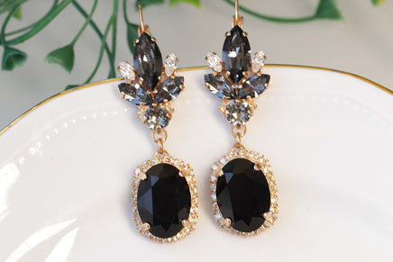 BLACK GOLD Earrings, Rebeka Jet Black Gray Earrings, Chandelier Earrings,Elegant Evening Earrings,Statement Mother OF The Groom Or Brides