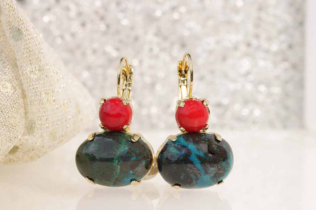 Traditional Red & Green Stone, Shell Pearl & Gold Plated Ch Bali Enamelled  Earrings