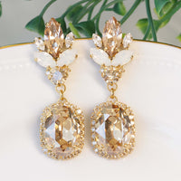 CHAMPAGNE BRIDAL EARRINGS, Rose Gold White Opal Long Earrings, Rebeka Cluster Golden Earrings,Light Topaz Wedding Earrings,Formal Earring