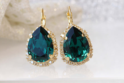 EMERALD GOLD EARRINGS, Emerald Rebeka Wedding, Dark Green Crystal Drop Earrings, Emerald Champagne Leverback earrings, Emerald Bridesmaid