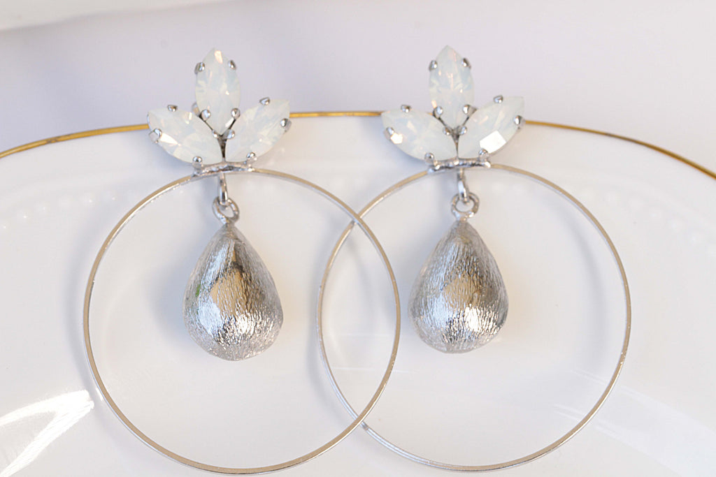 OPAL HOOP EARRINGS, White Opal Rebeka Earrings, Bridal Hoops, Wedding Hoops, Silver Earrings, Hoop Dangle Earrings, Bridesmaid Earrings