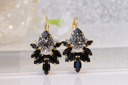 BLACK GRAY EARRINGS, Woman Drop Earrings, Rebeka Evening Earrings, Formal Jewelry For Mother of the Brides, Bridesmaid Black Gold Earring